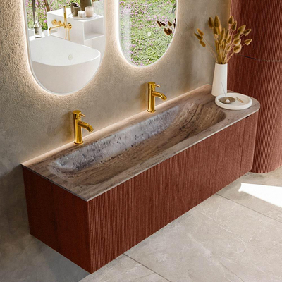 MONDIAZ KURVE-DLUX Meuble de salle de bains 145cm arrondi à droite couleur Ruby avec 1 tiroir et 1 porte. Lavabo BIG LARGE à gauche 2 trous de robinet Oza.
