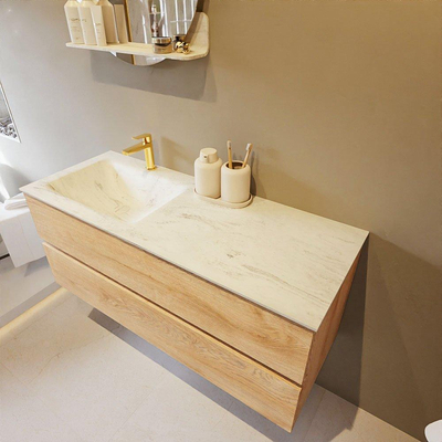 Mondiaz VICA-DLUX Ensemble de meuble de salle de bain - 120cm - meuble sous-vasque chêne blanchi - 2 tiroirs - lavabo encastré cloud gauche - 1 trou de robinet - version haute de 60cm - opalo