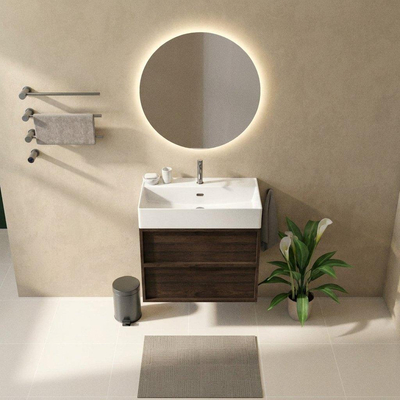 Saniclass Holz Frame Ensemble de meubles de salle de bains - 80x45x72cm - lavabo Legend en céramique blanc - 1 vasque - 1 trou de robinetterie - 2 tiroirs - chêne charcoal mat (bois)