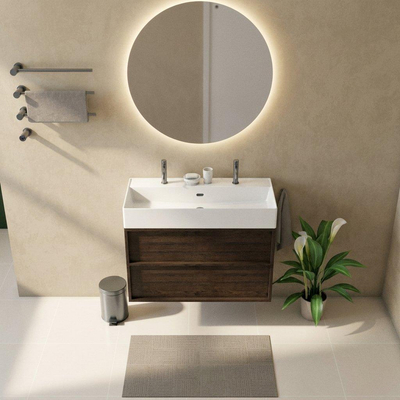 Saniclass Holz Frame Ensemble de meubles de salle de bains - 100x45x72cm - Legend lavabo en céramique blanc - 1 vasque - 2 trous de robinet - 2 tiroirs - chêne charcoal mat (bois)