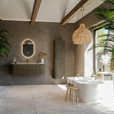 MONDIAZ KURVE-DLUX Meuble de salle de bains 140cm arrondi Gauche + Droite couleur Shadow avec 1 tiroir et 2 portes. Lavabo BIG SMALL Central 1 trou de robinet Arena.