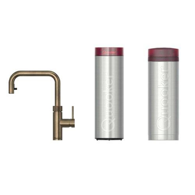 Quooker Flex Square kokendwaterkraan - draaibare & uittrekbare uitloop - PRO3 incl. Cube reservoir - Warm / kokend / bruisend / gefilterd water - messing patina