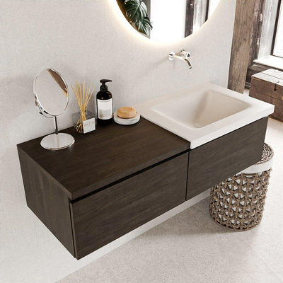 MONDIAZ BUKLA 120cm ensemble de meuble avec module 60 couleur Marron Foncé avec 2 tiroirs. Lavabo CLOUD à droite 0 trou de robinet couleur Talc.