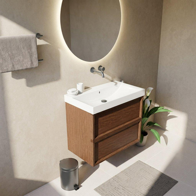 Saniclass Holz Frame Ensemble de meubles de salle de bains - 80x45x67.5cm - Wave lavabo en céramique - 1 vasque - sans trou de robinet - 2 tiroirs - mat walnut pure (bois)