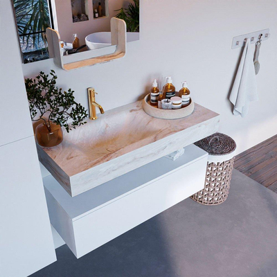 MONDIAZ ALAN - DLUX Ensemble meuble de salle de bains - 100cm - meuble bas - Talc - 1 tiroir - lavabo suspendu - vasque à gauche - 1 trou de robinet - Frappe