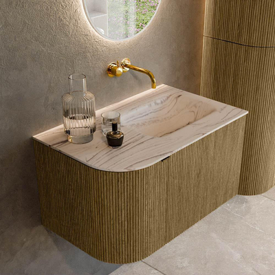 MONDIAZ KURVE-DLUX 75cm badmeubel ronding Links kleur Dusk met 1 lade en 1 deur. Wastafel GRUNNE Rechts zonder kraangat Nata.