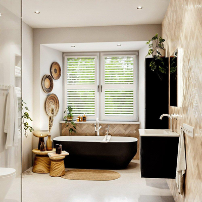 MONDIAZ VICA meuble sous lavabo 60cm Urban 2 tiroirs. Lavabo DENIA centre 1 trou de robinet, couleur Blanc Brillant.