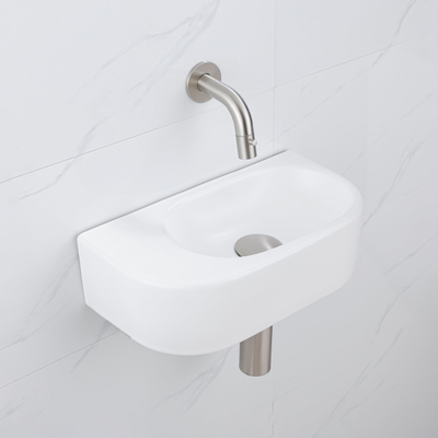 QeramiQ Fuente Ensemble de Lavabo - 40x21.5x12cm - lisse - demi-rond - céramique - ensemble de robinet en acier inoxydable brossé - bouchon de vidange - siphon abaissé - blanc mat