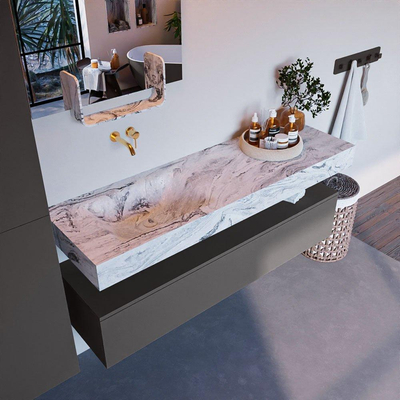 Mondiaz ALAN-DLUX Ensemble de meuble - 150cm - meuble Dark grey mat - 1 tiroir - Lavabo Cloud Glace suspendu - vasque Gauche - 0 trous de robinet