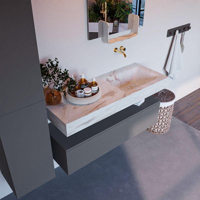 Mondiaz ALAN-DLUX Ensemble de meuble - 120cm - meuble Plata mat - 1 tiroir - Lavabo Cloud Frappe suspendu - vasque Droite - 0 trous de robinet