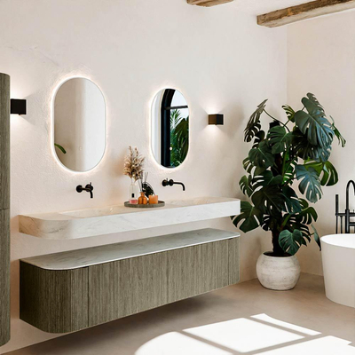 MONDIAZ THOR-DLUX 190cm meuble de salle de bains arrondi gauche + droite couleur Shadow avec 2 tiroirs et 2 portes. Vasque suspendue CLOUD Double sans trou de robinet couleur Opalo.