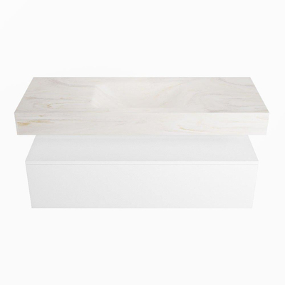 Mondiaz ALAN-DLUX Ensemble de meuble - 120cm - meuble Talc mat - 1 tiroir - Lavabo Cloud Ostra suspendu - vasque Centre - 0 trous de robinet