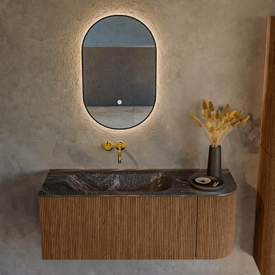 MONDIAZ KURVE-DLUX 115cm Meuble salle de bain avec module 25 D - couleur Walnut - 1 tiroir - 1 porte - vasque BIG SMALL gauche - sans trou de robinet - couleur Lava