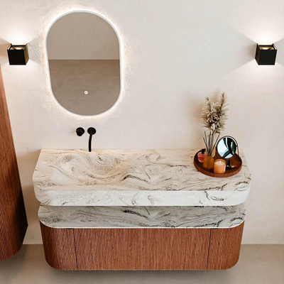 MONDIAZ THOR-DLUX 140cm meuble de salle de bains arrondi gauche + droite couleur Ruby avec 1 tiroir et 2 portes. Vasque suspendue CLOUD Gauche sans trou de robinet couleur Glace.