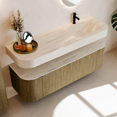 MONDIAZ THOR-DLUX 150cm meuble de salle de bains arrondi gauche + droite couleur Dusk avec 1 tiroir et 2 portes. Vasque suspendue CLOUD Droite 1 trou de robinet couleur Meli.