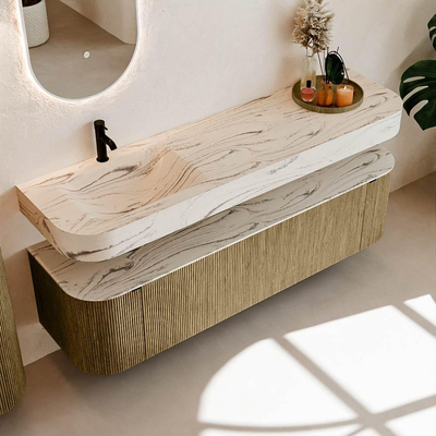 MONDIAZ THOR-DLUX 170cm meuble de salle de bains arrondi gauche + droite couleur Dusk avec 1 tiroir et 2 portes. Vasque suspendue CLOUD gauche 1 trou de robinet couleur Nata.