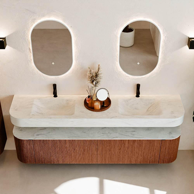 MONDIAZ THOR-DLUX 200cm meuble de salle de bains arrondi gauche + droite couleur Ruby avec 2 tiroirs et 2 portes. Vasque suspendue CLOUD Double 2 trous de robinet couleur Opalo.