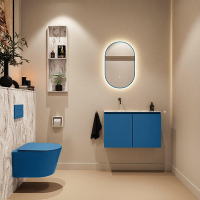 MONDIAZ TURE-DLUX Meuble toilette - 80cm - Jeans - EDEN - vasque Glace - position gauche - sans trou de robinet