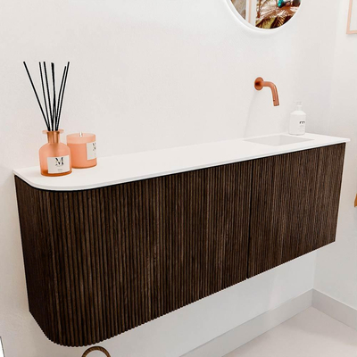 Mondiaz JOYA 111.6cm toiletmeubel - ronding links kleur Walnut - Wastafel FAYE positie Rechts Zonder kraangat kleur Talc.