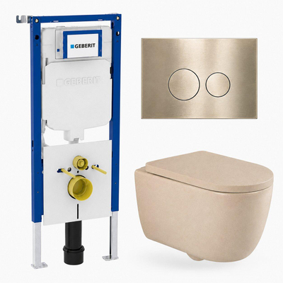 QeramiQ Dely Swirl Toiletset - 36.3x51.7cm - Geberit UP720 Duofix Sigma inbouwreservoir - 35mm zitting - geborsteld messing bedieningsplaat - ronde knoppen - mat beige