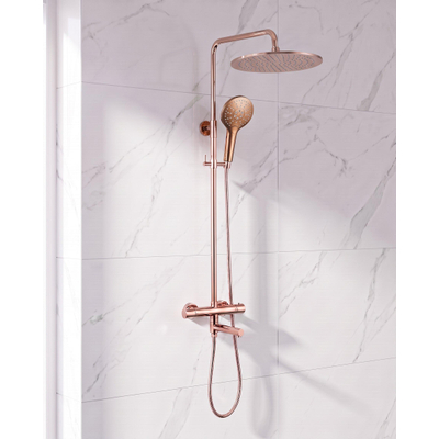 Fortifura Calvi Regendoucheset - thermostatisch - 30cm hoofddouche - metalen slang - ronde handdouche - draaibare baduitloop - geborsteld koper PVD