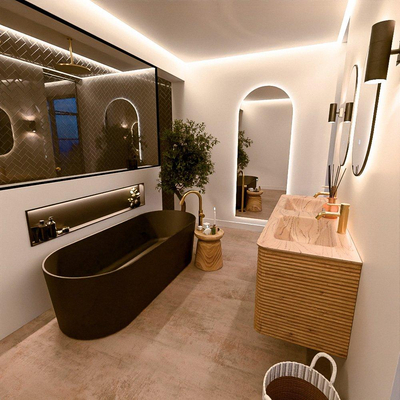 Mondiaz CIRO-DLUX Ensemble de meubles de salle de bains - 140x45x50cm - Plan vasque Solid surface Arena - 2 vasques Double - 2 trous de robinet - 4 tiroirs - Chêne