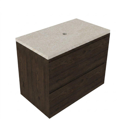 Saniclass Holz Pure Ensemble meuble de salle de bains - 80x45x63cm - plan de travail en pierre naturelle travertin - sans trou de robinetterie - 2 tiroirs - chêne charcoal mat (bois)