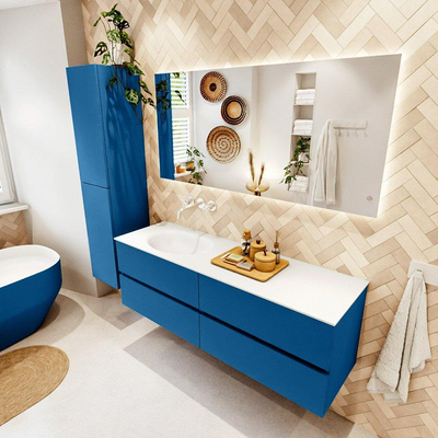 Mondiaz VICA ensemble de meuble de salle de bain - 150cm - meuble sous-vasque jeans - 4 tiroirs - lavabo moon gauche - sans trous de robinet - couleur talc - miroir LED - version XL 60cm de haut