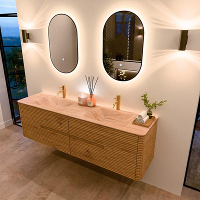 Mondiaz CIRO-DLUX Badkamermeubelset - 170x45x50cm - Solid surface wastafel Saba - 2 wasbak Dubbel - 2 kraangaten - 4 lades - Oak