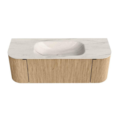 MONDIAZ KURVE-DLUX Meuble de salle de bains 130cm arrondi Gauche + Droite couleur Chêne avec 1 tiroir et 2 portes. Plan vasque BIG SMALL Milieu sans trou de robinet Meli.