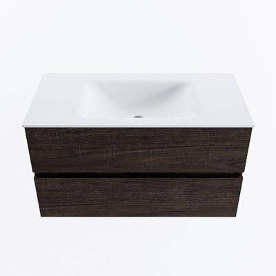 Mondiaz VICA ensemble de meuble de salle de bain - 90cm - meuble sous-vasque marron foncé - 2 tiroirs - lavabo nuage milieu - 1 trou de robinet - version haute de 60cm - talc