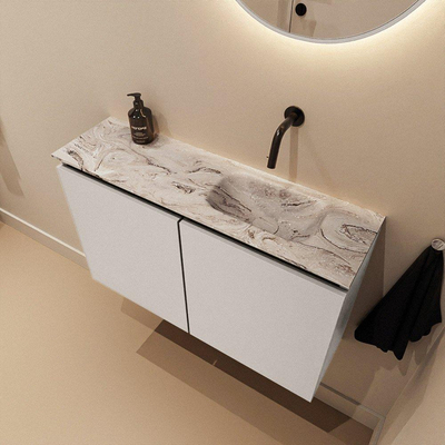 MONDIAZ TURE-DLUX Meuble toilette - 80cm - Linen - EDEN - vasque Glace - position droite - sans trou de robinet