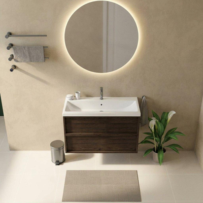 Saniclass Holz Frame Ensemble meuble de salle de bains - 100x45x63.5cm - Lavabo en céramique Bari blanc - 1 vasque - 1 trou de robinetterie - 2 tiroirs - chêne charcoal mat (bois)