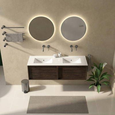 Saniclass Holz Frame Ensemble de meubles de salle de bains - 140x45x42cm - lavabo Vygo en céramique blanc - 2 vasques - sans trous de robinetterie - 2 tiroirs - chêne charcoal brillant (bois)