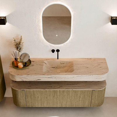 MONDIAZ THOR-DLUX 160cm meuble de salle de bains arrondi gauche + droite couleur Dusk avec 1 tiroir et 2 portes. Vasque suspendue CLOUD Milieu sans trou de robinet couleur Arena.