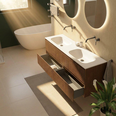Saniclass Holz Atelier Ensemble meuble de salle de bains - 160x45x61.5cm - Flow lavabo en solid surface blanc - 2 vasques - sans trous de robinetterie - 4 tiroirs - noyer pur mat (bois)