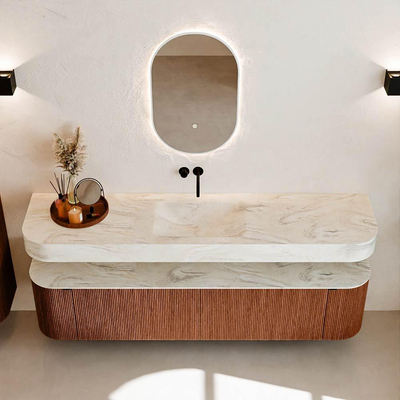 MONDIAZ THOR-DLUX Meuble de salle de bains - 190cm - arrondi gauche + droite - couleur Ruby - 2 tiroirs et 2 portes - Vasque suspendue CLOUD Milieu sans trou de robinet couleur Ostra