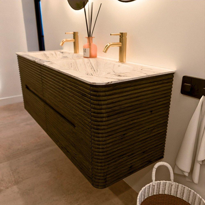 Mondiaz CIRO-DLUX Badkamermeubelset - 130x45x50cm - Solid surface wastafel Glace - 2 wasbak Dubbel - 2 kraangaten - 4 lades - Shadow
