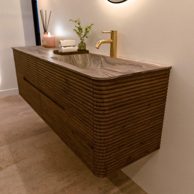 Mondiaz CIRO-DLUX Badkamermeubelset - 160x45x50cm - Solid surface wastafel Sombra - 1 wasbak Rechts - 1 kraangat - 4 lades - Dusk