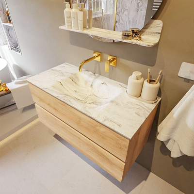 Mondiaz VICA-DLUX ensemble de meuble de salle de bain - 100cm - meuble sous-vasque chêne blanchi - 2 tiroirs - lavabo encastré nuage milieu - sans trous de robinet - version haute 60cm - glace