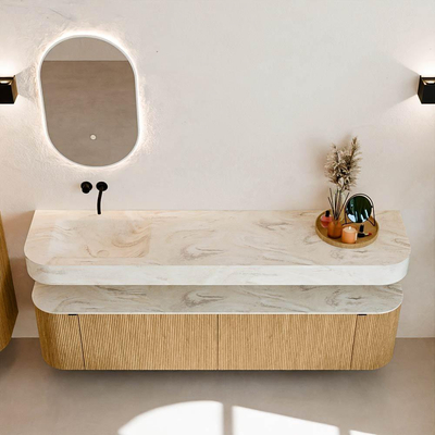 MONDIAZ THOR-DLUX Meuble de salle de bains 190cm arrondi gauche + droite couleur Oak avec 2 tiroirs et 2 portes. Vasque suspendue CLOUD Gauche sans trou de robinet couleur Ostra.