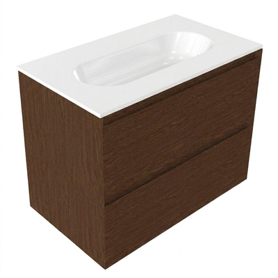 Saniclass Holz Pure Ensemble de meubles de salle de bains - 80x45x73.9cm - lavabo Chaci en céramique blanc - 1 vasque - sans trou de robinet - 2 tiroirs - noyer pure mat (bois)