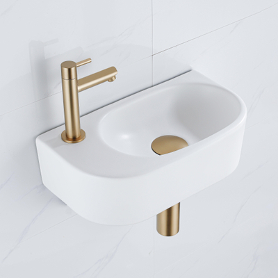 QeramiQ Fuente Ensemble de lavabo - 40x21.5x12cm - gauche - lisse - demi-rond - 1 trou de robinet - céramique - robinet de lavabo en laiton brossé - bonde - siphon abaissé - blanc mat