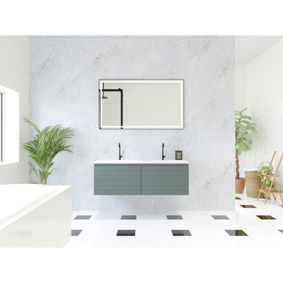 HR Matrix ensemble de meubles de salle de bain 3d 120cm 2 tiroirs sans poignée avec bandeau de poignée couleur pétrole mat avec lavabo mince double 2 robinets blanc mat