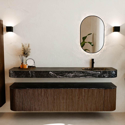 MONDIAZ THOR-DLUX 190cm badmeubel ronding links + rechts kleur Walnut met 2 lades en 2 deuren. Vrijhangende wastafel CLOUD Rechts 1 kraangat kleur Lava.