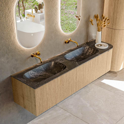 MONDIAZ KURVE-DLUX 175cm Meuble salle de bain avec module 25 D - couleur Oak - 2 tiroirs - 1 porte - vasque STOR SMALL double / gauche - sans trou de robinet - couleur Lava