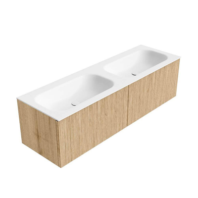 MONDIAZ KURVE 150cm Meuble salle de bain - couleur Oak - 2 tiroirs - vasque BIG SMALL double - sans trous de robinet - Talc