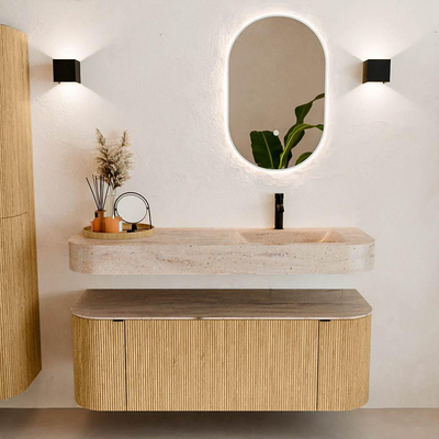 MONDIAZ THOR-DLUX 130cm meuble de salle de bains arrondi gauche + droite couleur Oak avec 1 tiroir et 2 portes. Vasque suspendue CLOUD Droite 1 trou de robinet couleur Saba.