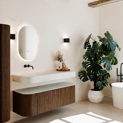 MONDIAZ THOR-DLUX 140cm meuble de salle de bains arrondi gauche + droite couleur Walnut avec 1 tiroir et 2 portes. Vasque suspendue CLOUD gauche sans trou de robinet couleur Opalo.