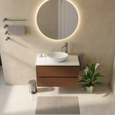 Saniclass Holz Pure Ensemble meuble de salle de bains - 100x45x63cm - Plan vasque en marbre Dia poli (blanc) - 1 trou de robinetterie - 2 tiroirs - mat walnut pure (bois)